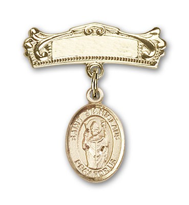 Pin Badge with St. Stanislaus Charm and Arched Polished Engravable Badge Pin - Gold Tone