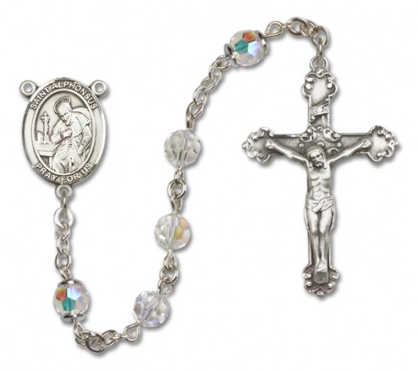 St. Alphonsus Sterling Silver Heirloom Rosary Fancy Crucifix - Crystal