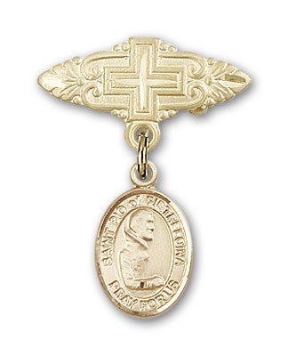 Pin Badge with St. Pio of Pietrelcina Charm and Badge Pin with Cross - 14K Solid Gold