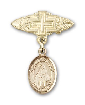 Pin Badge with St. Hildegard Von Bingen Charm and Badge Pin with Cross - Gold Tone