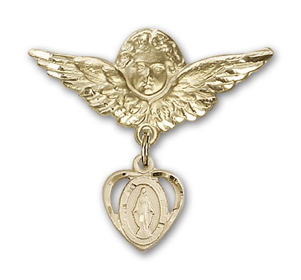 Pin Badge with Miraculous Charm and Angel with Larger Wings Badge Pin - 14K Solid Gold