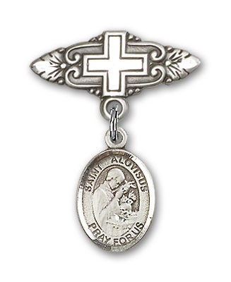 Pin Badge with St. Aloysius Gonzaga Charm and Badge Pin with Cross - Silver tone