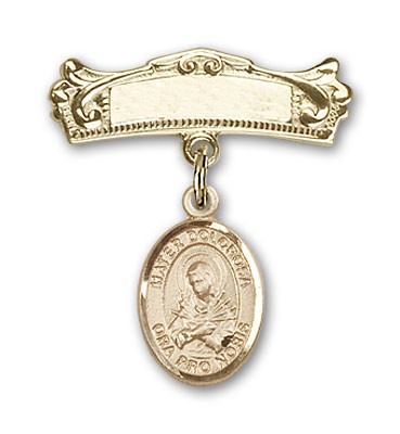 Pin Badge with Mater Dolorosa Charm and Arched Polished Engravable Badge Pin - 14K Solid Gold