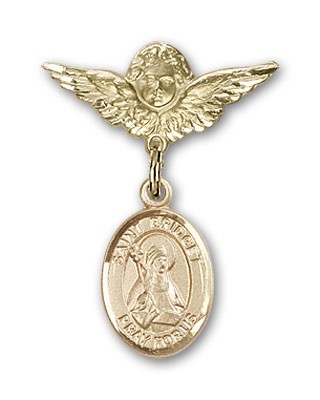 Pin Badge with St. Bridget of Sweden Charm and Angel with Smaller Wings Badge Pin - Gold Tone