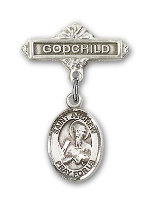 Pin Badge with St. Andrew the Apostle Charm and Godchild Badge Pin - Silver tone