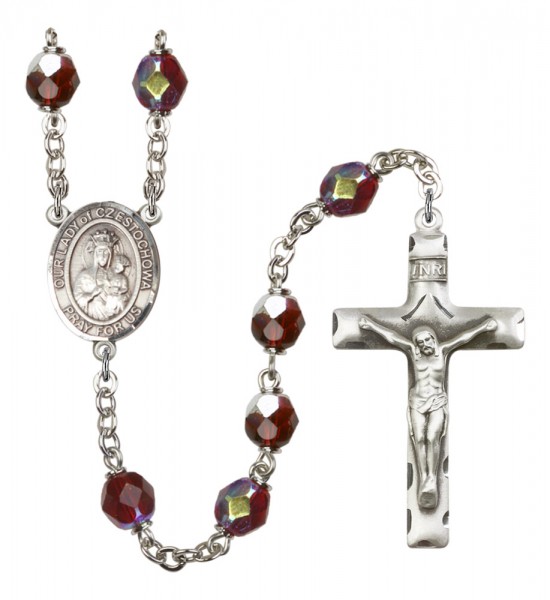 Men's Our Lady of Czestochowa Silver Plated Rosary - Garnet