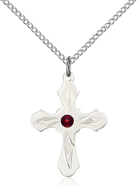 Youth Cross Pendant with Pointed Etching Birthstone Options - Garnet