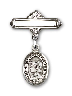 Pin Badge with St. Elizabeth Ann Seton Charm and Polished Engravable Badge Pin - Silver tone