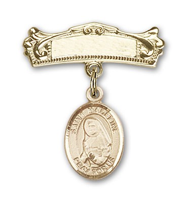 Pin Badge with St. Madeline Sophie Barat Charm and Arched Polished Engravable Badge Pin - Gold Tone
