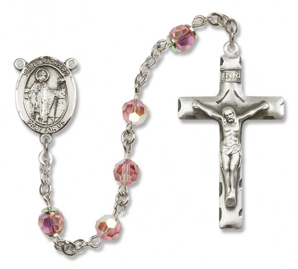 St. Richard Sterling Silver Heirloom Rosary Squared Crucifix - Light Rose