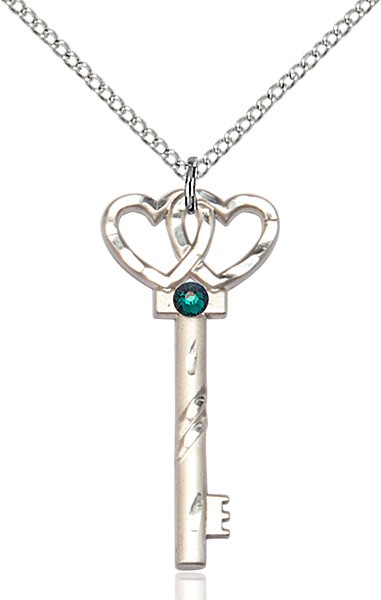 Small Key with Double Heart Pendant and Birthstone - Emerald Green