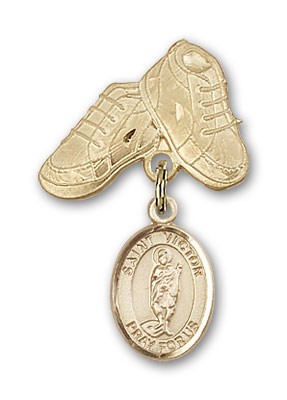 Pin Badge with St. Victor of Marseilles Charm and Baby Boots Pin - Gold Tone