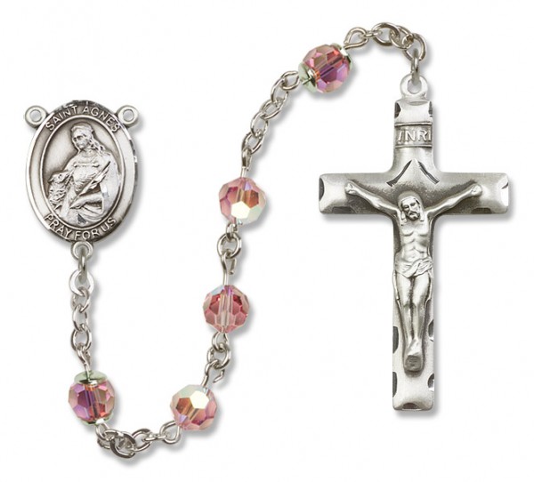 St. Agnes of Rome Sterling Silver Heirloom Rosary Squared Crucifix - Light Rose