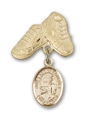 Baby Badge with Our Lady of Lourdes Charm and Baby Boots Pin - 14K Solid Gold