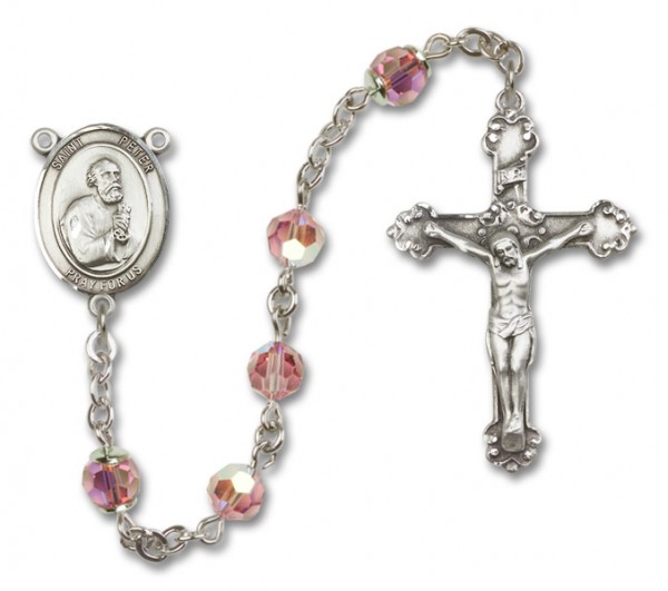 St. Peter the Apostle Sterling Silver Heirloom Rosary Fancy Crucifix - Light Rose