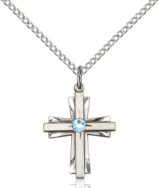 Youth Etched Cross Pendant with Birthstone Options - Aqua