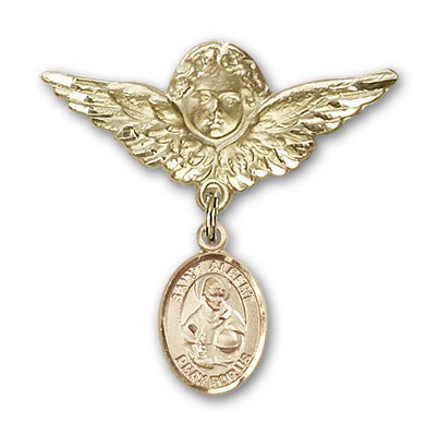 Pin Badge with St. Albert the Great Charm and Angel with Larger Wings Badge Pin - Gold Tone