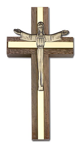 Contemporary Risen Christ Wall Cross in Walnut and Metal Inlay 4&quot; - Gold Tone