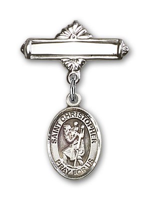 Pin Badge with St. Christopher Charm and Polished Engravable Badge Pin - Silver tone