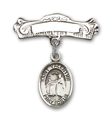 Pin Badge with St. Valentine of Rome Charm and Arched Polished Engravable Badge Pin - Silver tone