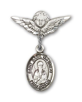 Pin Badge with St. Basil the Great Charm and Angel with Smaller Wings Badge Pin - Silver tone