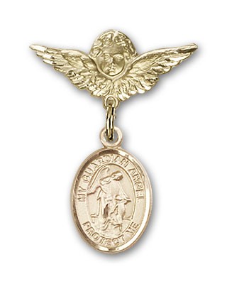 Pin Badge with Guardian Angel Charm and Angel with Smaller Wings Badge Pin - Gold Tone