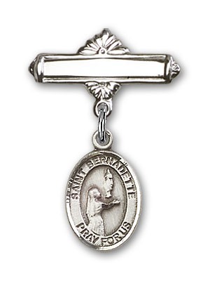 Pin Badge with St. Bernadette Charm and Polished Engravable Badge Pin - Silver tone
