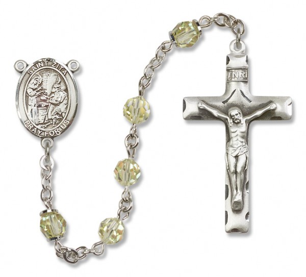 St. Zita Sterling Silver Heirloom Rosary Squared Crucifix - Zircon