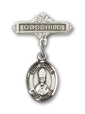Pin Badge with St. Anselm of Canterbury Charm and Godchild Badge Pin - Silver tone