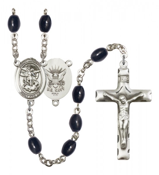Men's St. Michael Navy Silver Plated Rosary - Black Oval