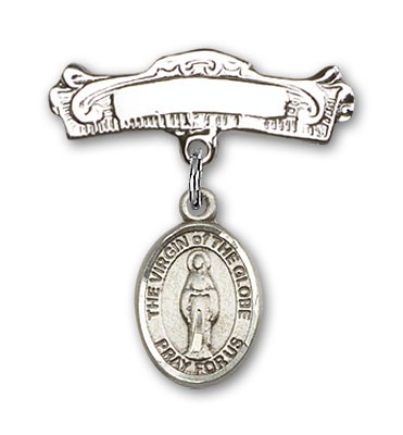 Pin Badge with Virgin of the Globe Charm and Arched Polished Engravable Badge Pin - Silver tone