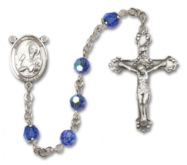 St. Andrew the Apostle Sterling Silver Heirloom Rosary Fancy Crucifix - Sapphire