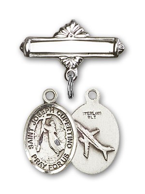 Pin Badge with St. Joseph of Cupertino Charm and Polished Engravable Badge Pin - Silver tone