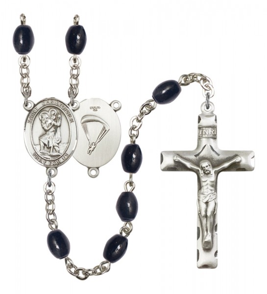 Men's St. Christopher Paratrooper Silver Plated Rosary - Black Oval