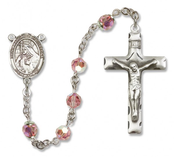 St. Margaret of Cortona Sterling Silver Heirloom Rosary Squared Crucifix - Light Rose