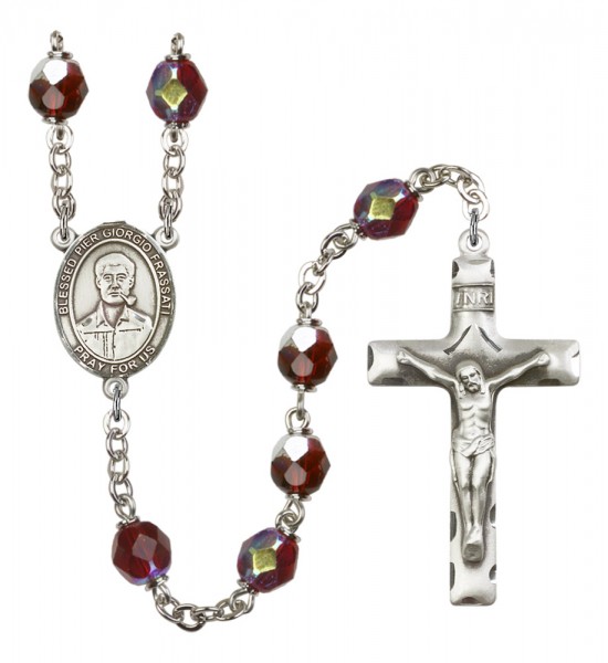 Men's Blessed Pier Giorgio Frassati Silver Plated Rosary - Garnet