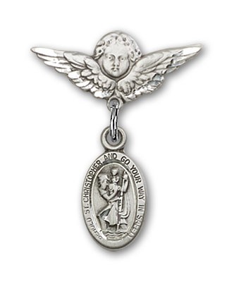 Pin Badge with St. Christopher Charm and Angel with Smaller Wings Badge Pin - Sterling Silver