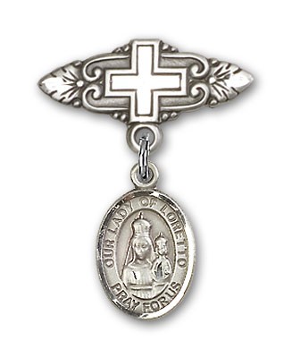 Pin Badge with Our Lady of Loretto Charm and Badge Pin with Cross - Silver tone