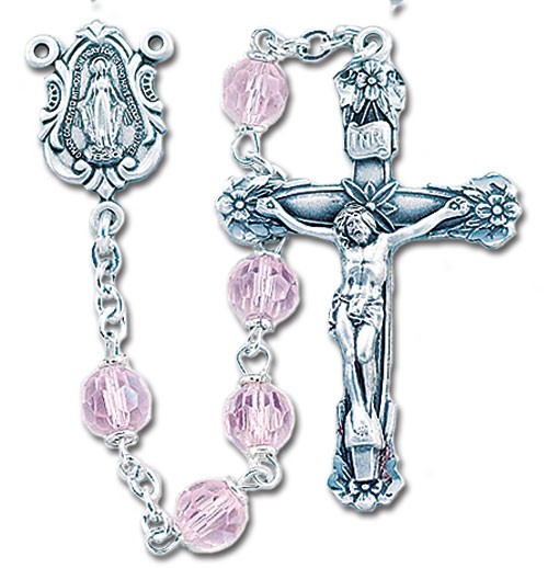 6mm Tin Cut Light Rose Crystal Bead Rosary in Sterling Silver - Light Rose
