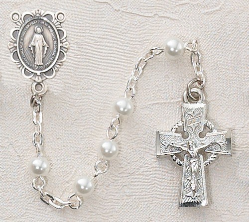 Girl's Irish First Communion with Miraculous Rosary in Sterling Silver - Pearl White