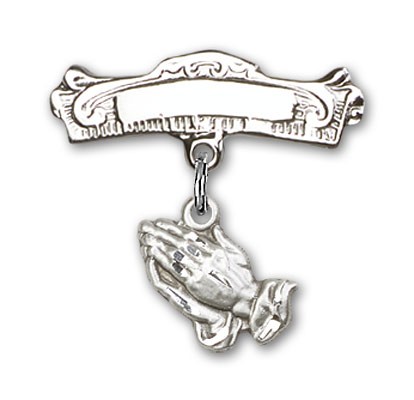 Baby Pin with Praying Hands Charm and Arched Polished Engravable Badge Pin - Silver tone