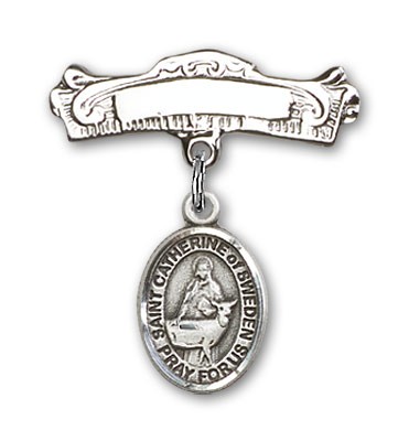 Pin Badge with St. Catherine of Sweden Charm and Arched Polished Engravable Badge Pin - Silver tone