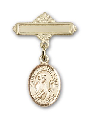 Pin Badge with St. Thomas More Charm and Polished Engravable Badge Pin - 14K Solid Gold