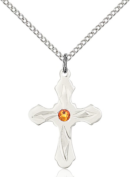 Youth Cross Pendant with Pointed Etching Birthstone Options - Topaz