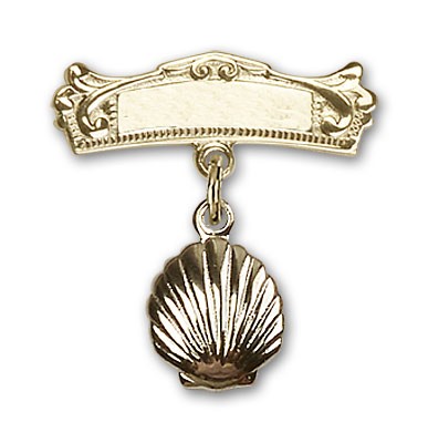 Baby Pin with Shell Charm and Arched Polished Engravable Badge Pin - Gold Tone