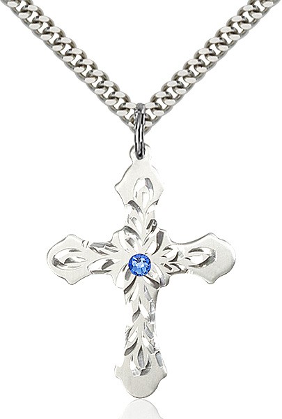 Floral and Petal Cross Pendant with Birthstone Options - Sapphire