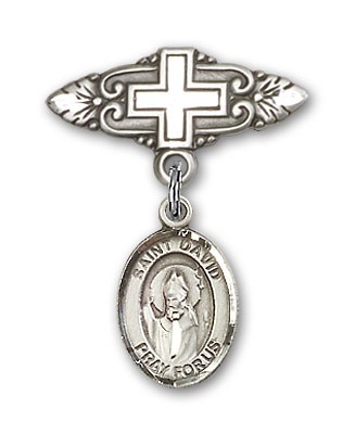 Pin Badge with St. David of Wales Charm and Badge Pin with Cross - Silver tone