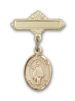 Pin Badge with St. Amelia Charm and Polished Engravable Badge Pin - 14K Solid Gold