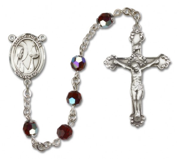 Our Lady of the Sea Sterling Silver Heirloom Rosary Fancy Crucifix - Garnet