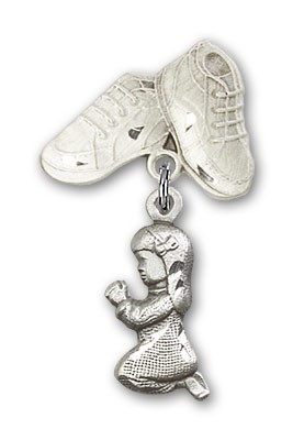 Baby Pin with Praying Girl Charm and Baby Boots Pin - Silver tone